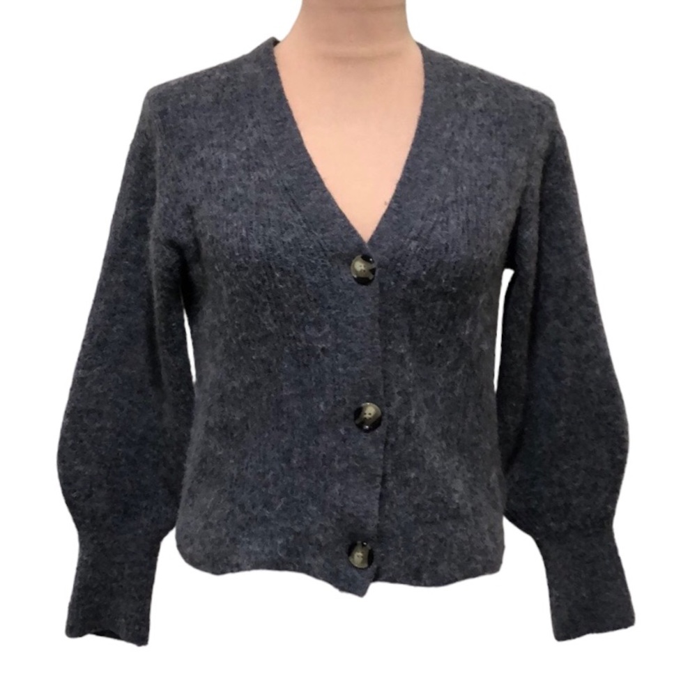 Quince Cardigan Sweater Large Gray Ribbed Merino Wool Baby Alpaca Puff Sleeve